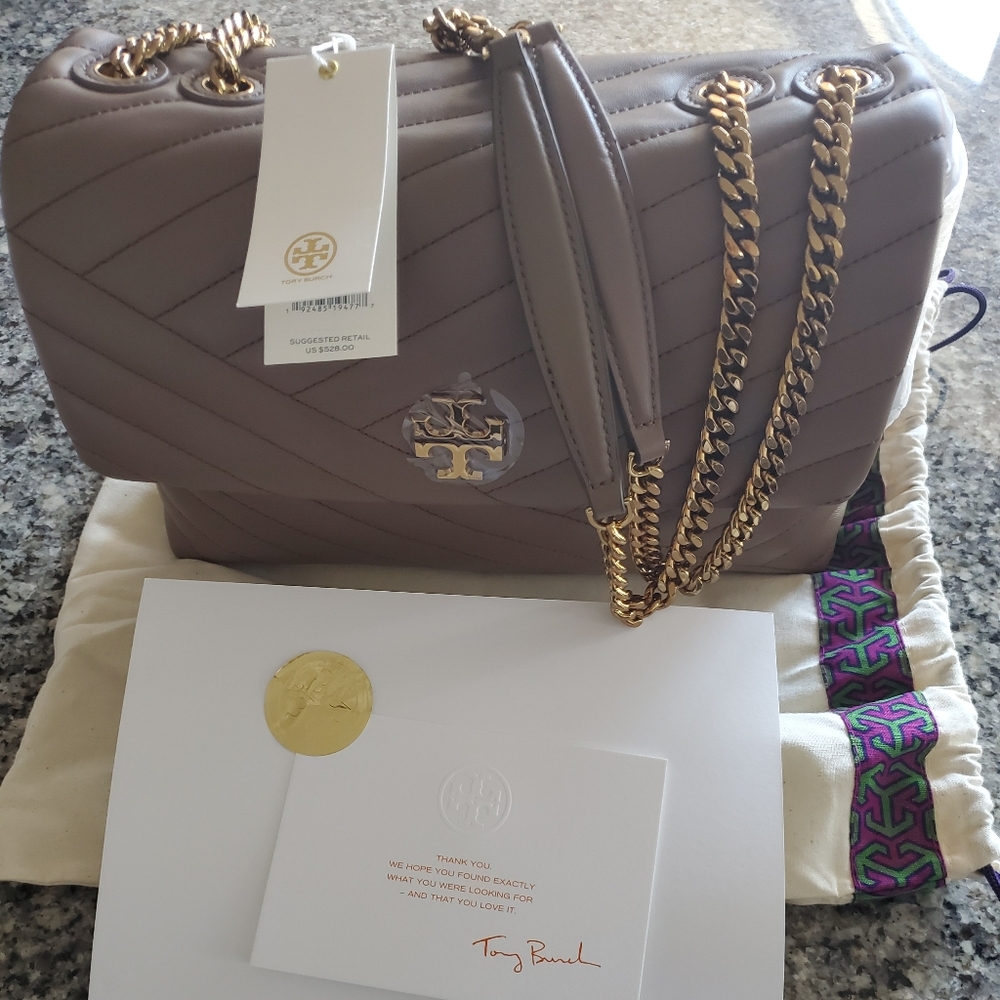 Tory Burch Convertible Kira bag in taupe.